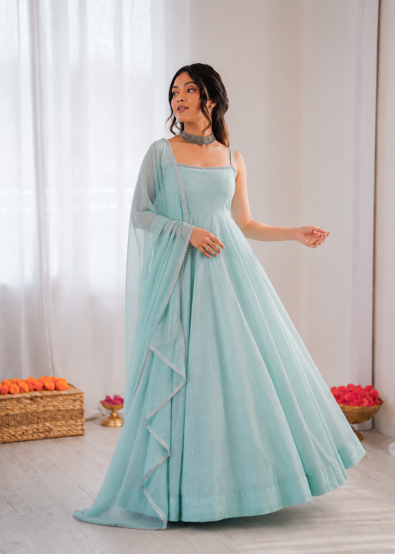 Sky blue art silk anarkali suit