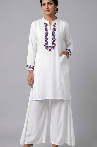 White embroidered rayon kurta set