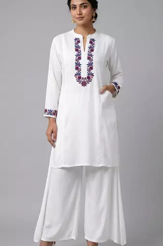 White embroidered rayon kurta set