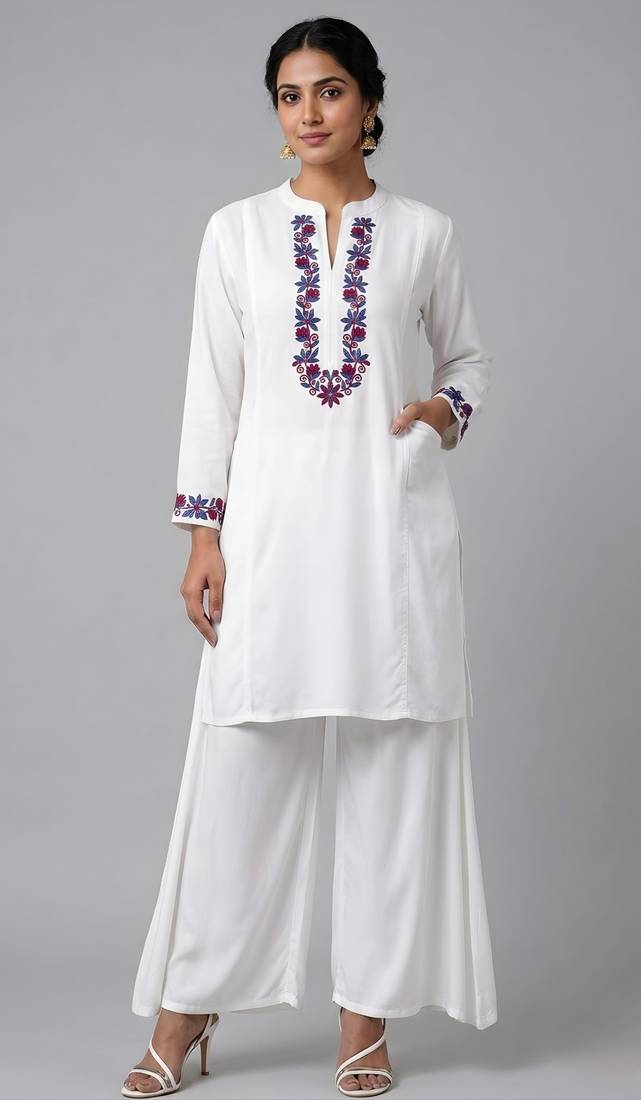White embroidered rayon kurta set