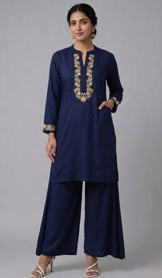 Blue embroidered rayon kurta set 1