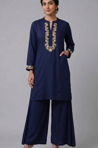 Blue embroidered rayon kurta set