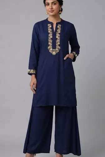 Blue embroidered rayon kurta set