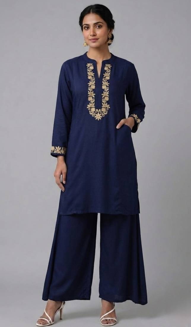 Blue embroidered rayon kurta set