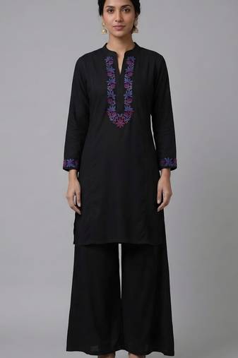 Black embroidered rayon kurta set