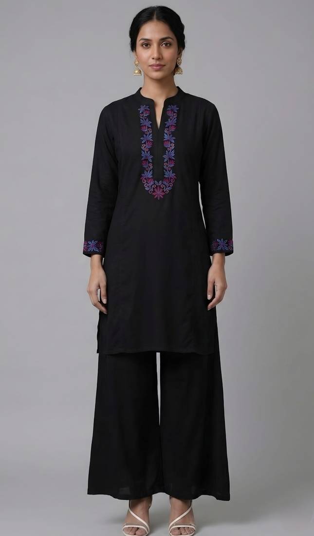 Black embroidered rayon kurta set
