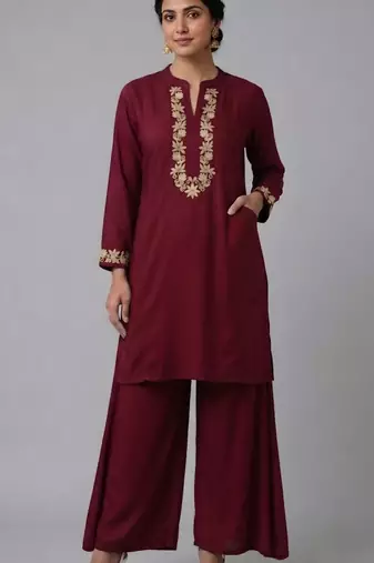 Maroon embroidered rayon kurta set