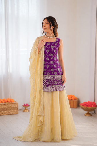 Purple jacquard thread with sequin palazzo suit