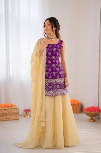 Purple jacquard thread with sequin palazzo suit