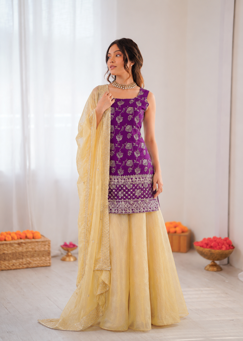 Purple jacquard thread with sequin palazzo suit