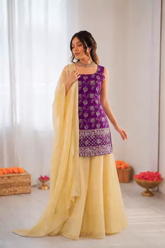 Purple jacquard thread with sequin palazzo suit