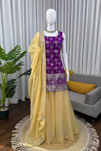 Purple jacquard thread with sequin palazzo suit
