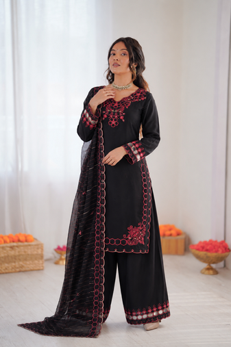 Black  chanderi silk thread work salwar suit