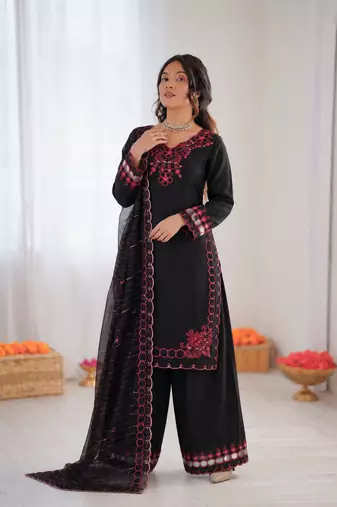 Black  chanderi silk thread work salwar suit