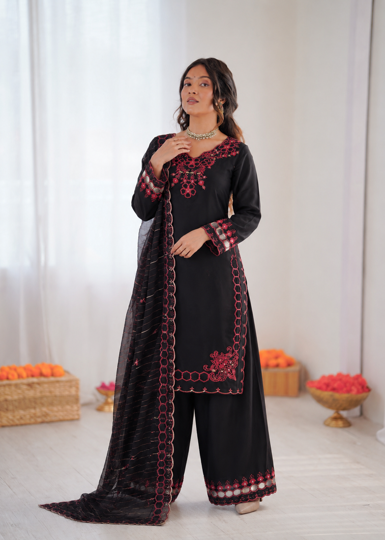 Black  chanderi silk thread work salwar suit