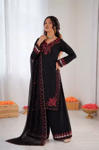 Black  chanderi silk thread work salwar suit