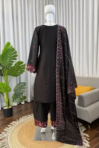 Black  chanderi silk thread work salwar suit