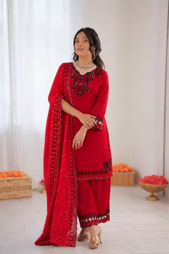 Red  chanderi silk thread work salwar suit