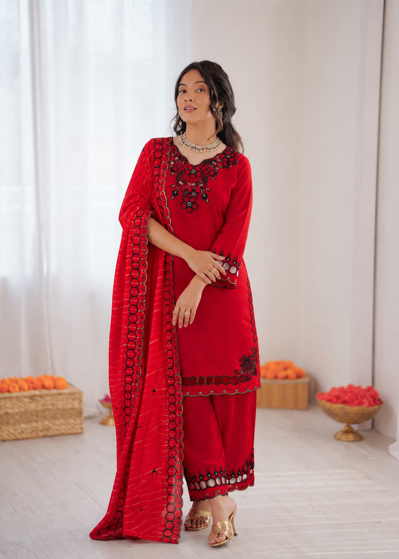 Red  chanderi silk thread work salwar suit
