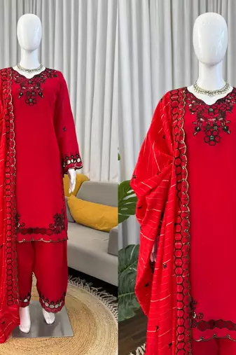 Red  chanderi silk thread work salwar suit