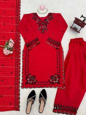 Red  chanderi silk thread work salwar suit 3