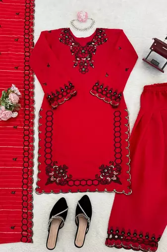 Red  chanderi silk thread work salwar suit