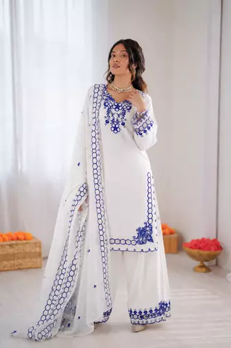 Off white  chanderi silk thread work salwar suit