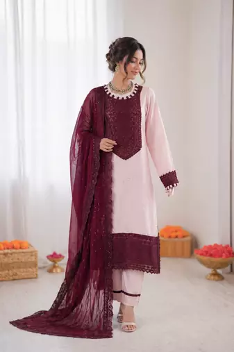 Baby pink crepe thread with sequin salwar suit