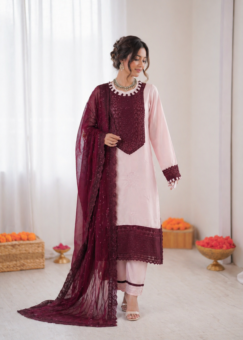 Baby pink crepe thread with sequin salwar suit