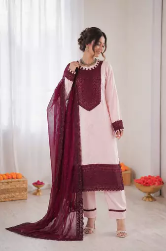 Baby pink crepe thread with sequin salwar suit