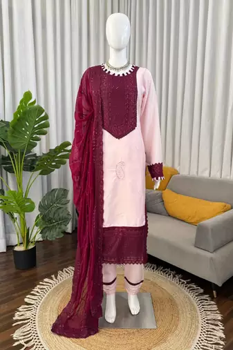 Baby pink crepe thread with sequin salwar suit