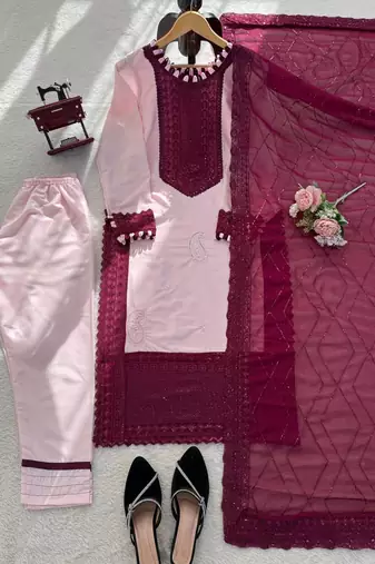 Baby pink crepe thread with sequin salwar suit