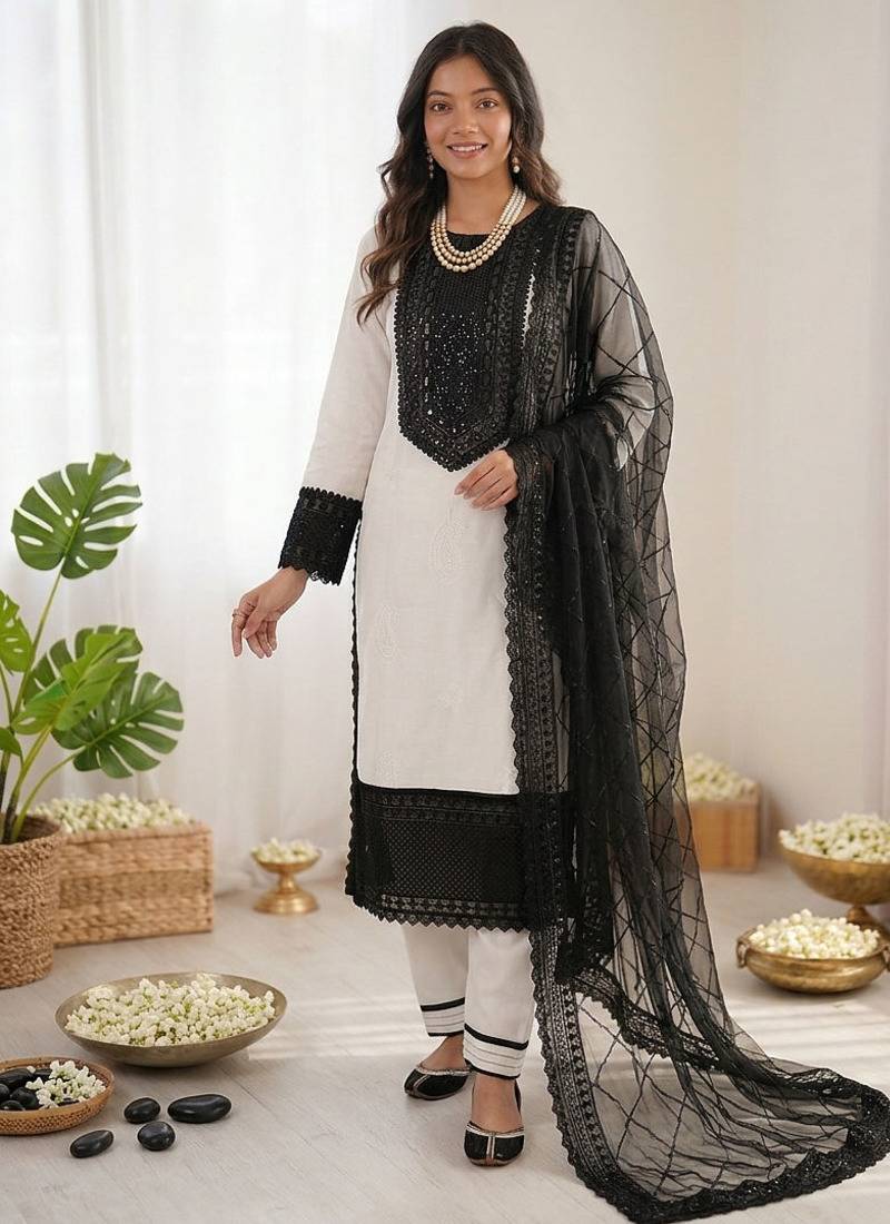 Off white crepe thread with sequin salwar suit