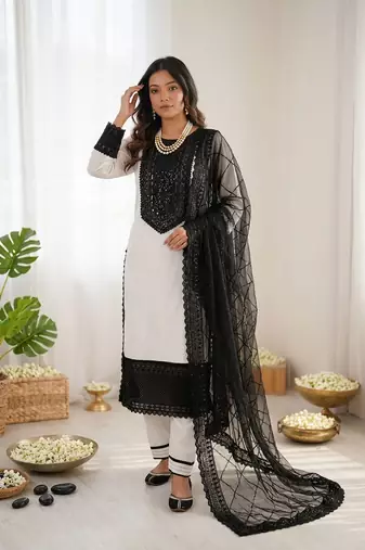Off white crepe thread with sequin salwar suit