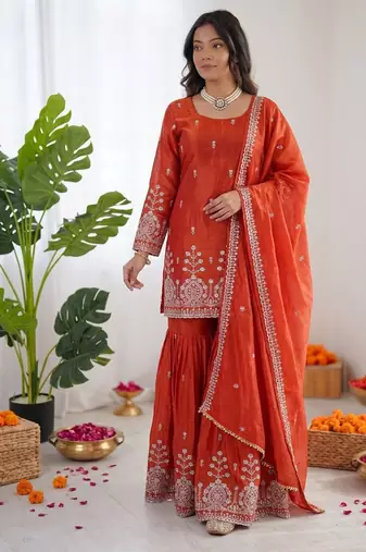 Rust orange art silk thread with sequin sharara suit