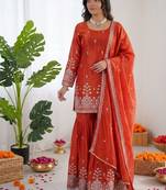 Rust orange art silk thread with sequin sharara suit