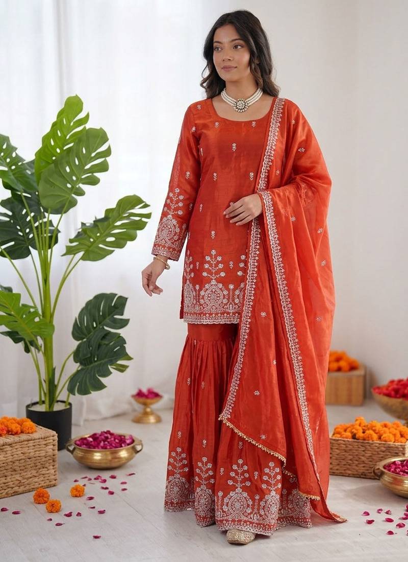 Rust orange art silk thread with sequin sharara suit