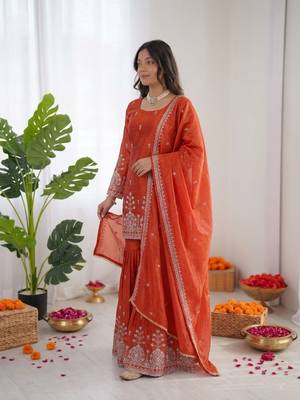 Rust orange art silk thread with sequin sharara suit 2