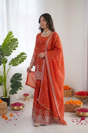 Rust orange art silk thread with sequin sharara suit