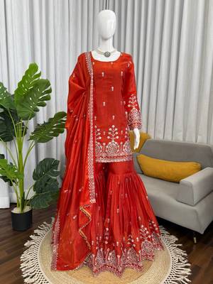 Rust orange art silk thread with sequin sharara suit 3