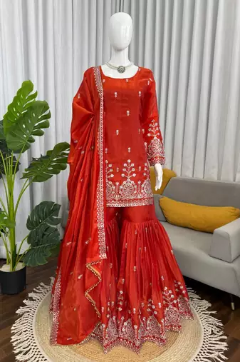 Rust orange art silk thread with sequin sharara suit