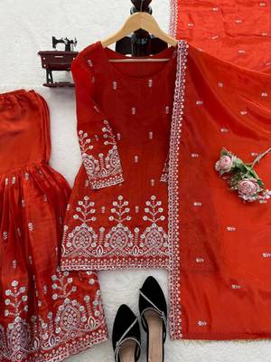 Rust orange art silk thread with sequin sharara suit 4