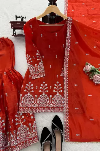 Rust orange art silk thread with sequin sharara suit