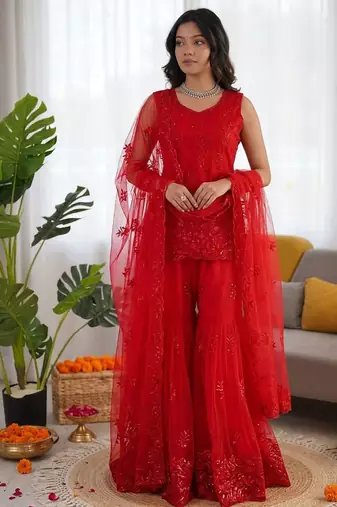 Red net thread with sequin sharara suit