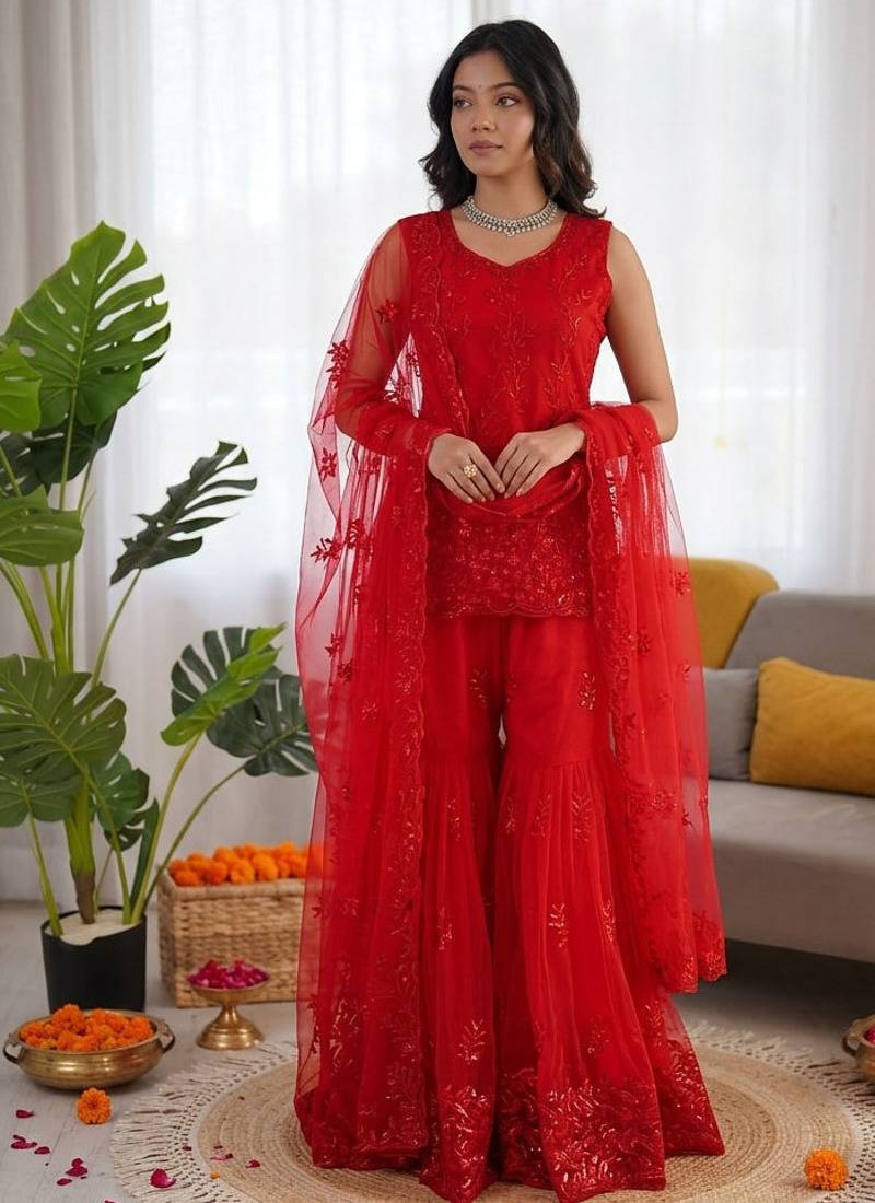 Red net thread with sequin sharara suit