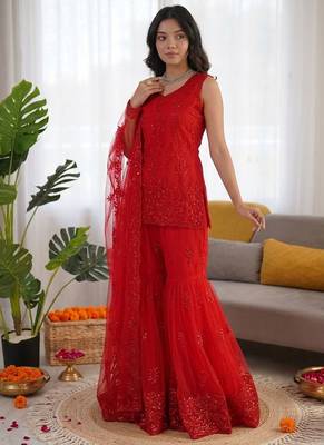 Red net thread with sequin sharara suit 2