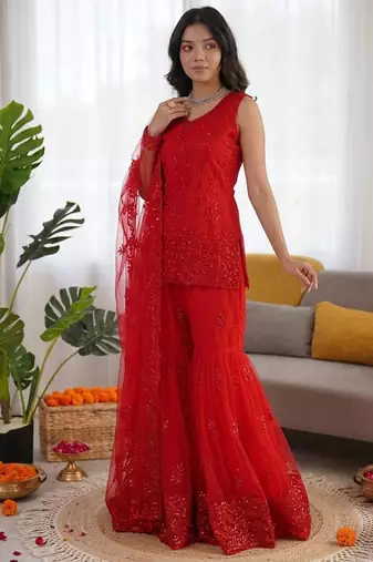 Red net thread with sequin sharara suit