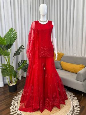 Red net thread with sequin sharara suit 3