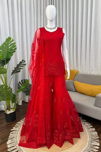 Red net thread with sequin sharara suit