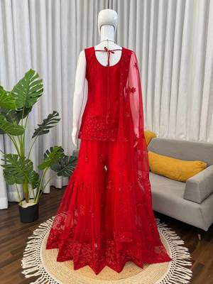 Red net thread with sequin sharara suit 4